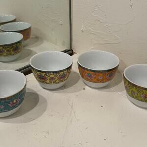 Vintage World Market 4 Piece Yellow Longevity Ceramic Tea Cups